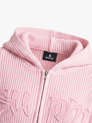 ピンクのニットフリースジップアップパーカー（刺繍ロゴ入り）
