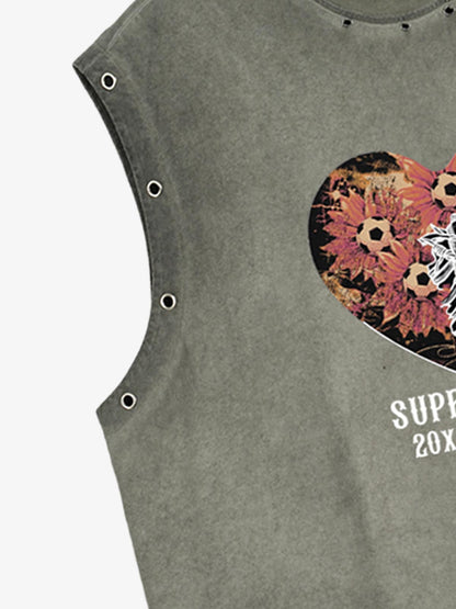 Cotton Sleeveless Crop Top with Heart Graphic Print and Adjustable Side Lacing for Streetwear Style 