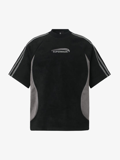 Cotton Blend Oversized Sport T-Shirt with Contrast Panels and Logo Print 