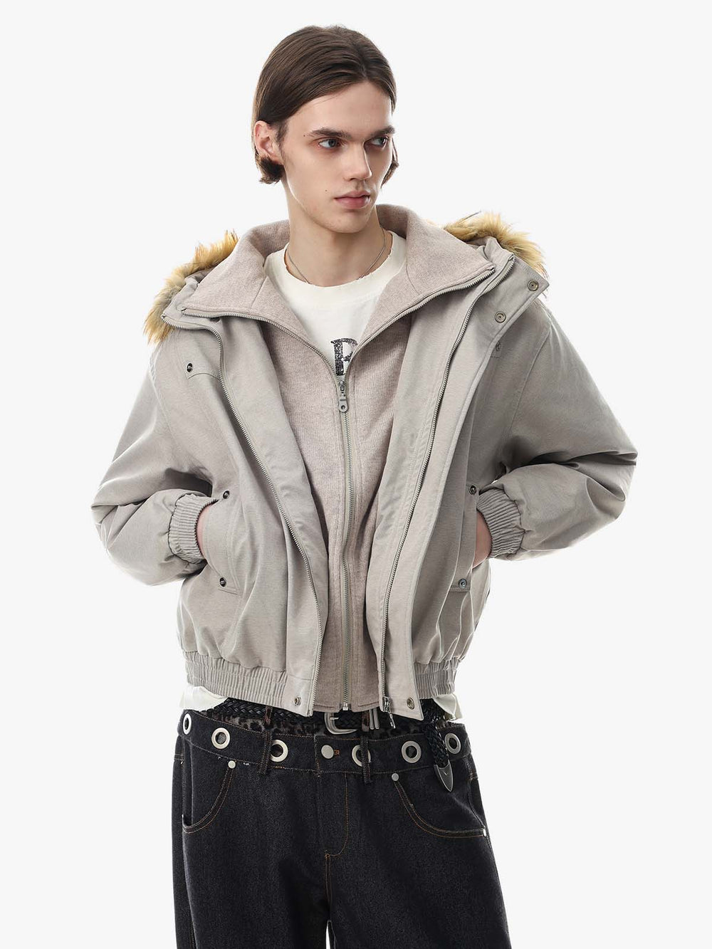 Deconstructed Layered Hooded Faux-Fur Collar Puffer Jacket