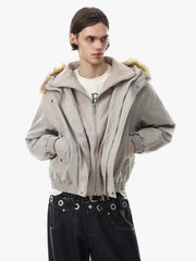 Deconstructed Layered Hooded Faux-Fur Collar Puffer Jacket