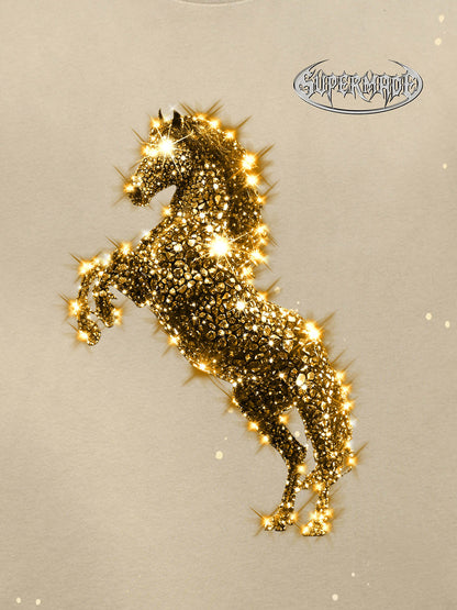 Unisex Washed Ink Blending Dual Color Cotton Horse Year Embroidered Diamond Horse Element Pattern Short-Sleeve T-Shirt 