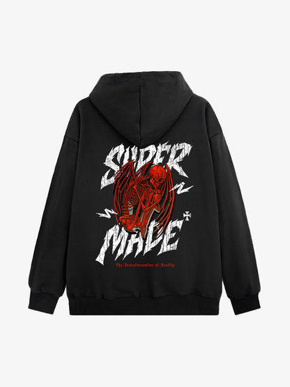 Distressed Graphic Hoodie with Bold Angel Wings Design for Men 
