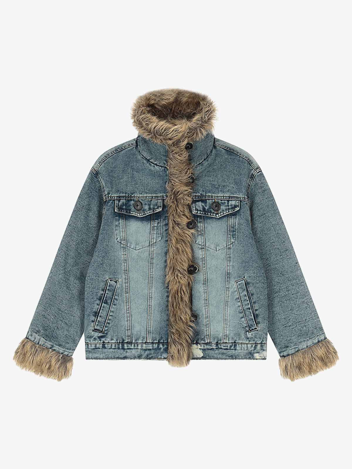 Stylish Denim Jacket with Faux Fur Trim for Men and Women - Perfect for Casual Outfits 
