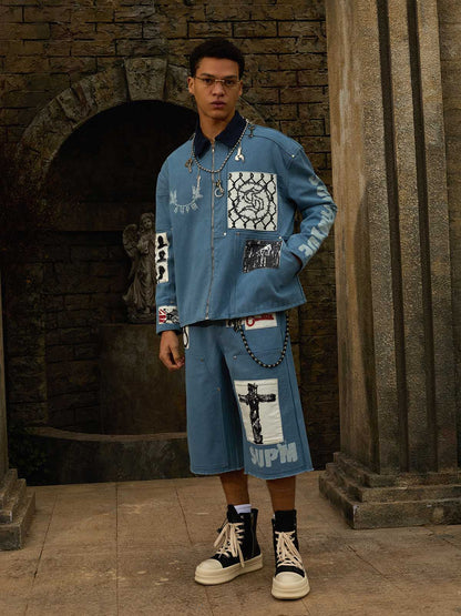 Supermade Multi-Element Appliqué Patchwork Denim Suit 