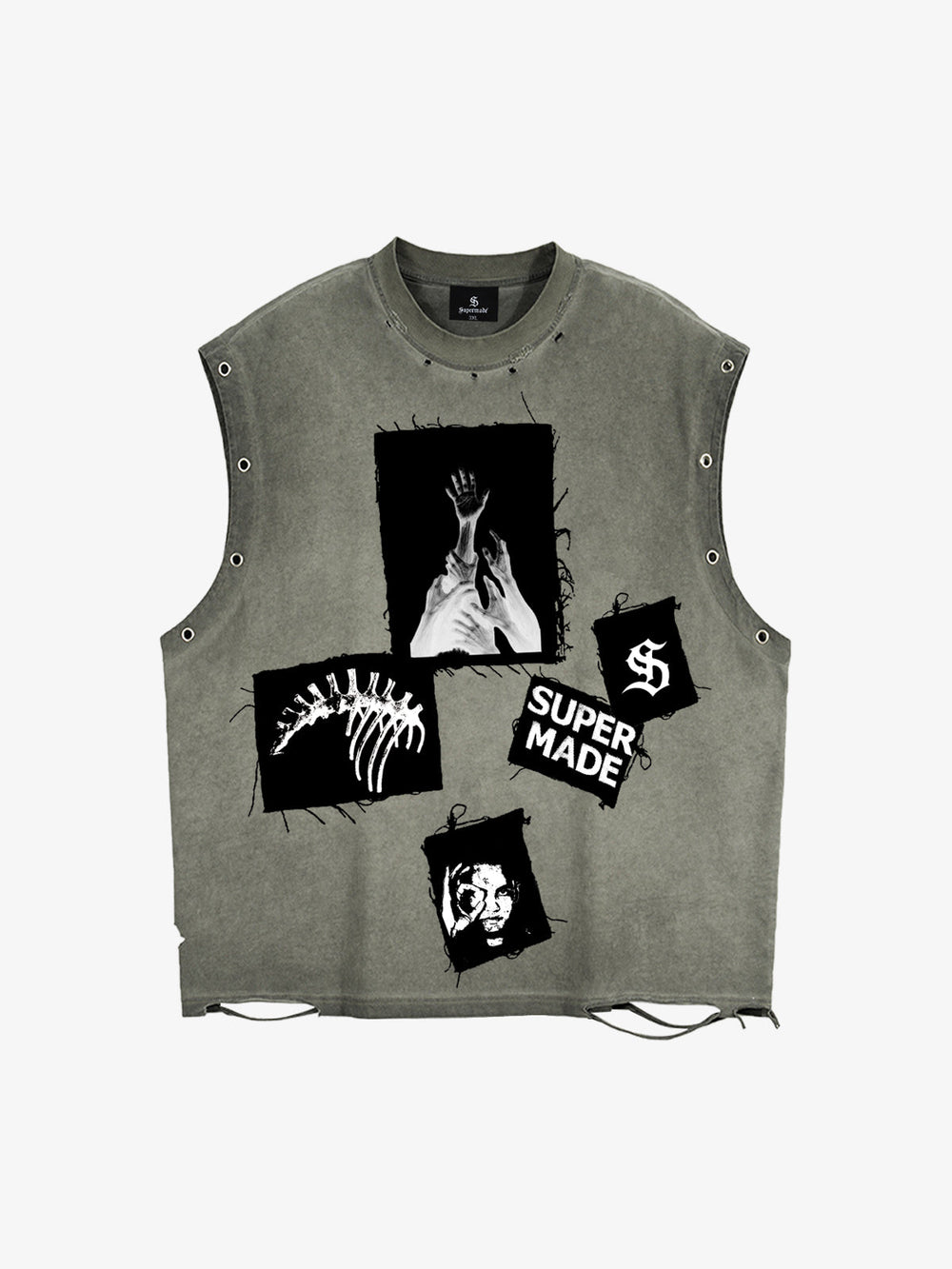 Ripped Graphic Patch Sleeveless Vest - 2632 