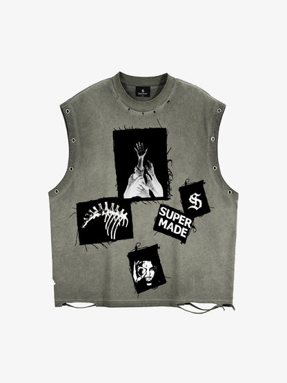 Distressed Sleeveless Crop Top with Barbed Wire Graphic Design 