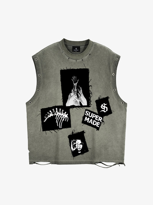 Distressed Sleeveless Crop Top with Barbed Wire Graphic Design 
