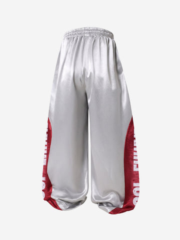 Glossy Color Block Logo Graphic Wide-Leg Sweatpants