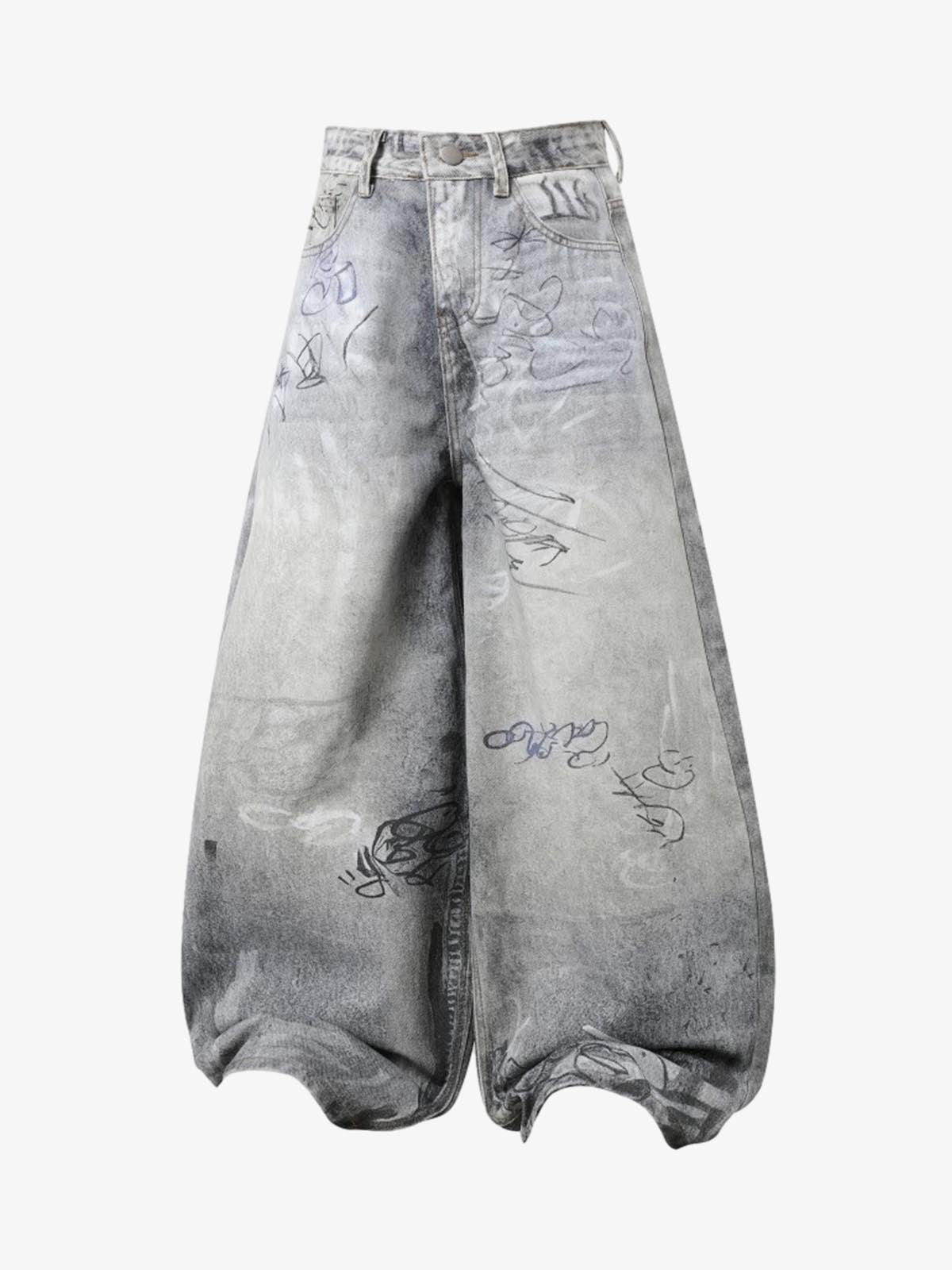 Denim Wide Leg Pants with Graffiti Print High Waist Baggy Style Streetwear Jeans for Men and Women 