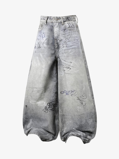 Denim Wide Leg Pants with Graffiti Print High Waist Baggy Style Streetwear Jeans for Men and Women 