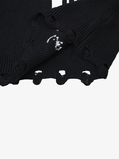 Cross Jacquard Ripped Long Sleeve Sweater