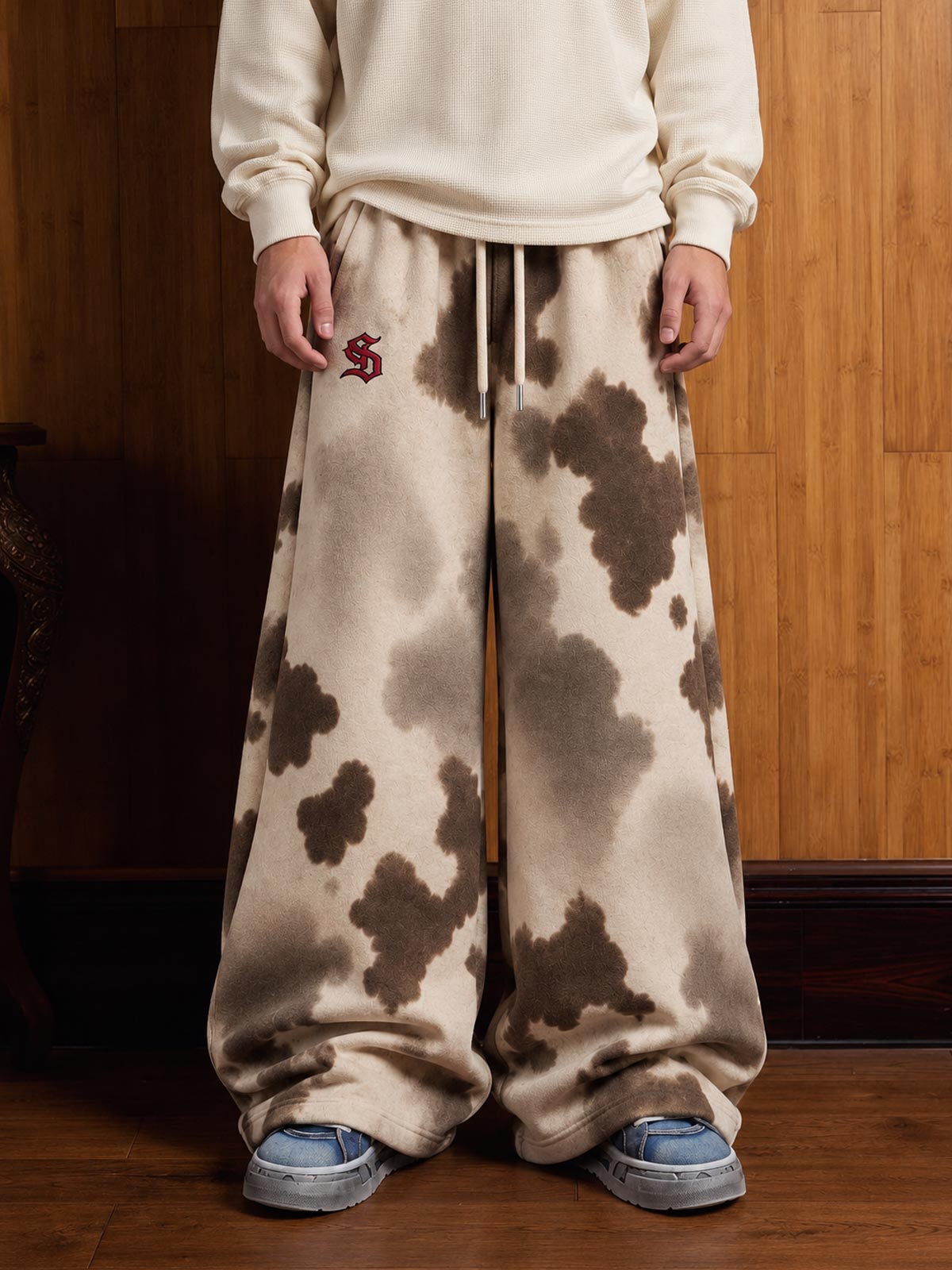 Cow Print Embroidered Wide-Leg Sweatpants