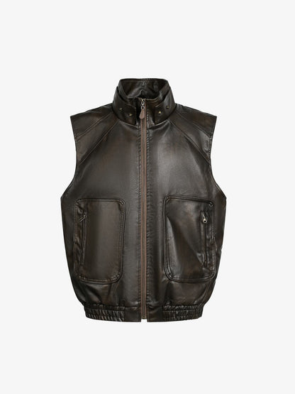 Thesupermade American Retro PU Leather Stand Collar Workwear Motorcycle Vest 