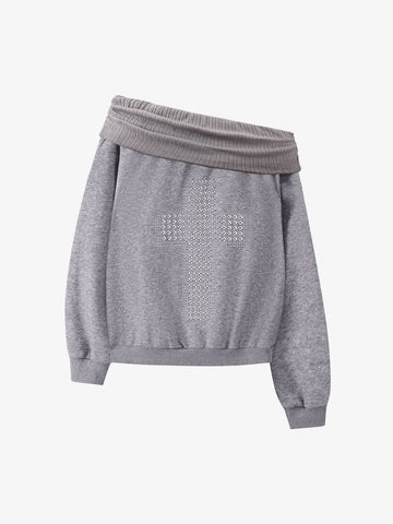 Cross Rhinestone Off-Shoulder Sweatshirt
