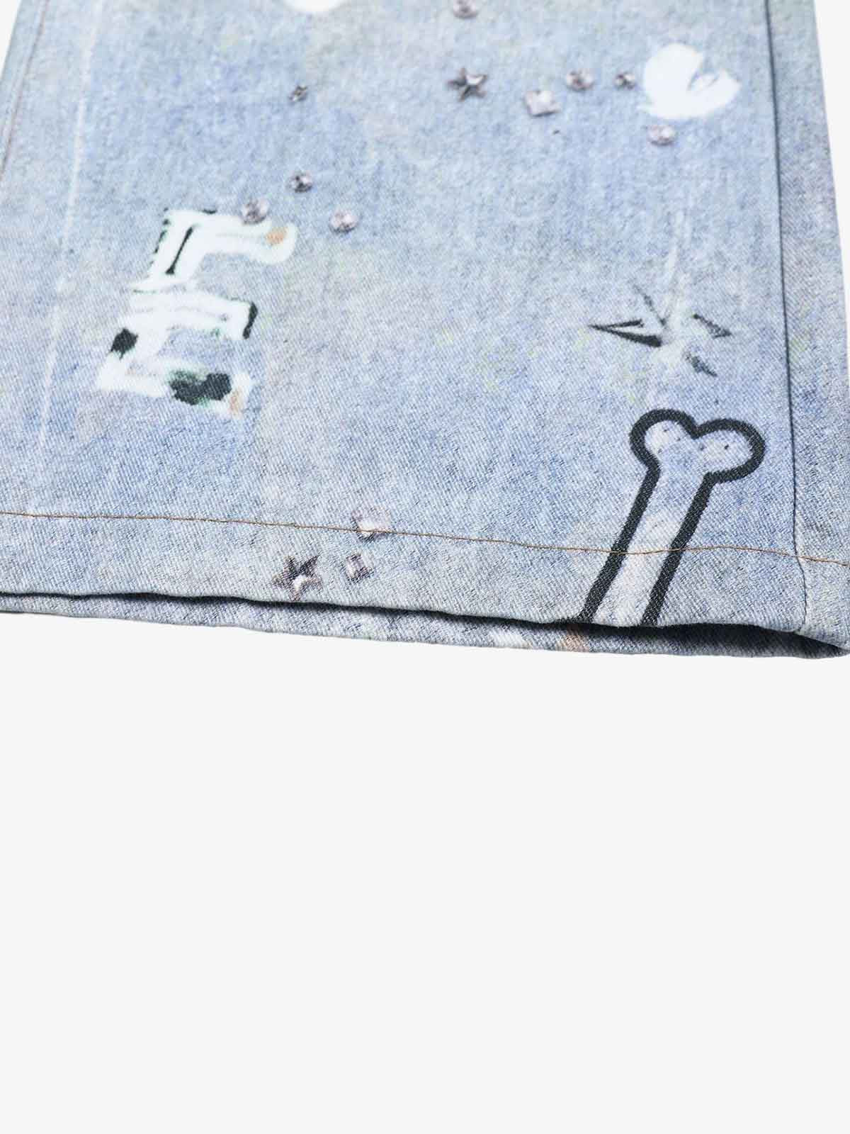 Denim Wide Leg Jeans with Dalmatian Print and Studs, Distressed Design for Streetwear Fashion 