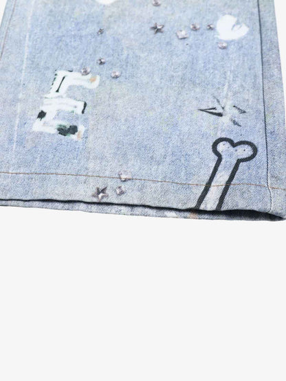 Denim Wide Leg Jeans with Dalmatian Print and Studs, Distressed Design for Streetwear Fashion 