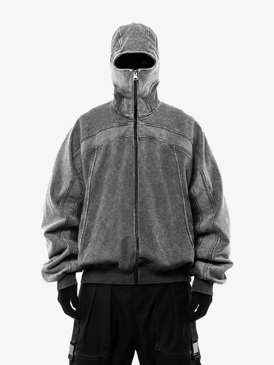 Thesupermade Retro Hip-hop Washed Distressed Deconstructed Design Zipper Hooded Cardigan Sweatshirt Jacket 