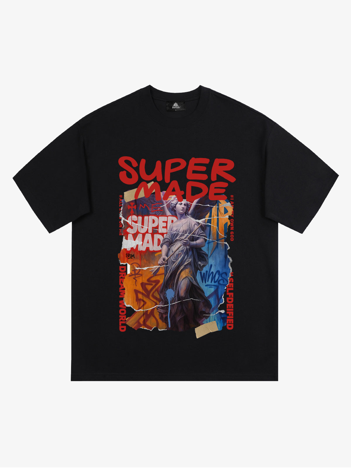 Cotton Blend SUPERMADE Sculpture Sraffiti Sticker Pattern T-Shirt 