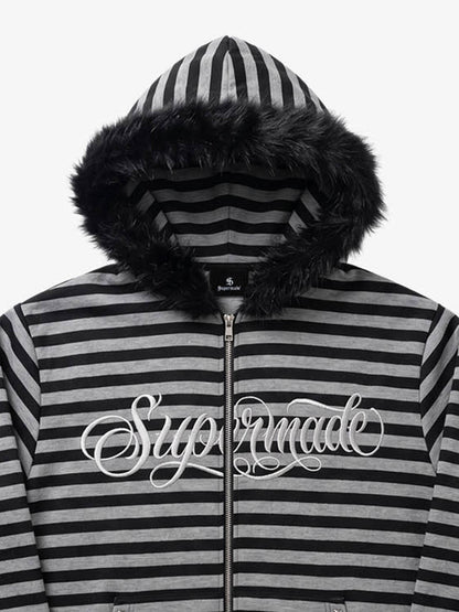 Striped Faux Fur Hoodie