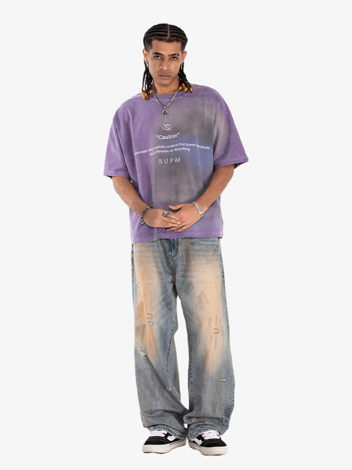 300G Cotton Jade Pattern Dyed T-Shirt with Caution Print Oversized Streetwear Tee 