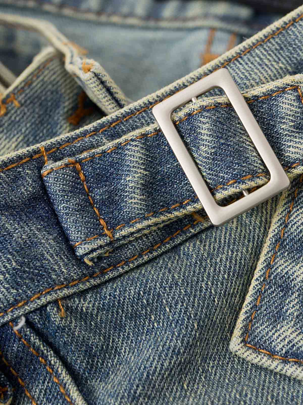 Tactical Buckle Washed Denim Shorts 