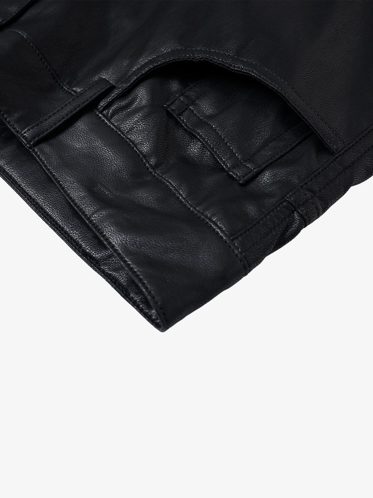 Faux Leather Cargo Shorts for Men - Black Oversized Utility Shorts with Multiple Pockets and Zipper Details 