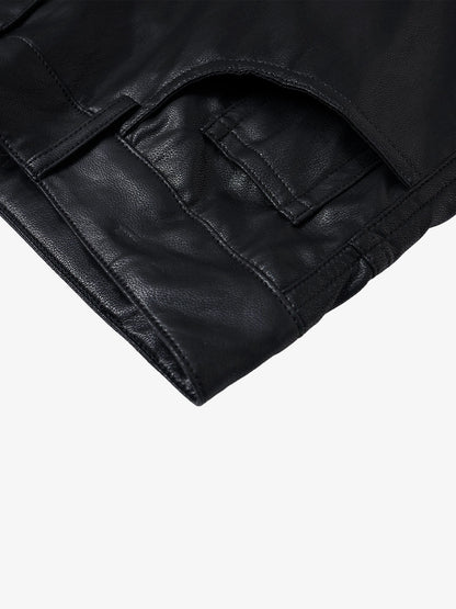 Faux Leather Cargo Shorts for Men - Black Oversized Utility Shorts with Multiple Pockets and Zipper Details 