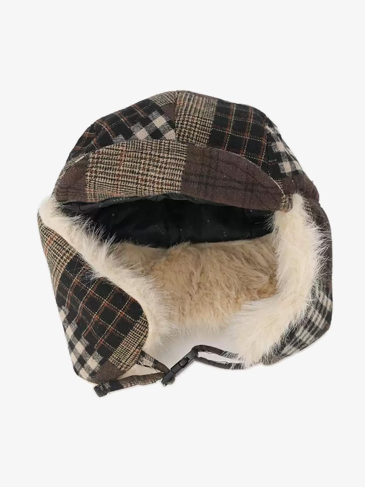 Winter Plaid Earflap Hat with Faux Fur Trim - Perfect for Cold Weather Protection 