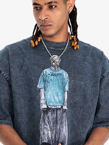 300G Jade Pattern Dyed Cotton Oversized T-Shirt with Skeleton Graphic Print Streetwear 