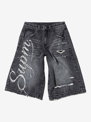 Ripped Letter Wide-Leg Denim Shorts