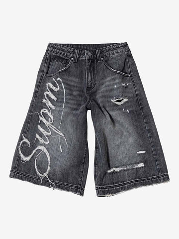 Ripped Letter Wide-Leg Denim Shorts