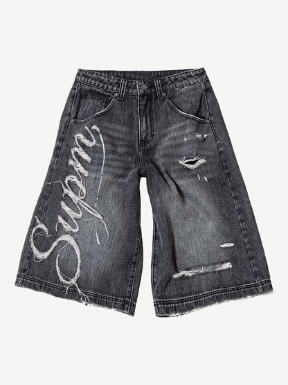 Ripped Letter Wide-Leg Denim Shorts