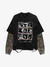 Distressed Graphic Camo Patchwork Two Layer T Shirt