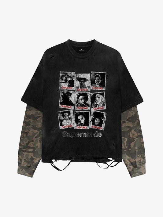 Distressed Graphic Camo Patchwork Two Layer T Shirt