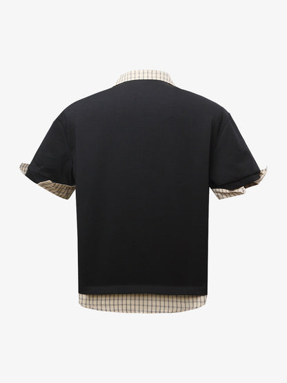 Plaid Patchwork Faux Two-Piece Lapel Polo Shirt 