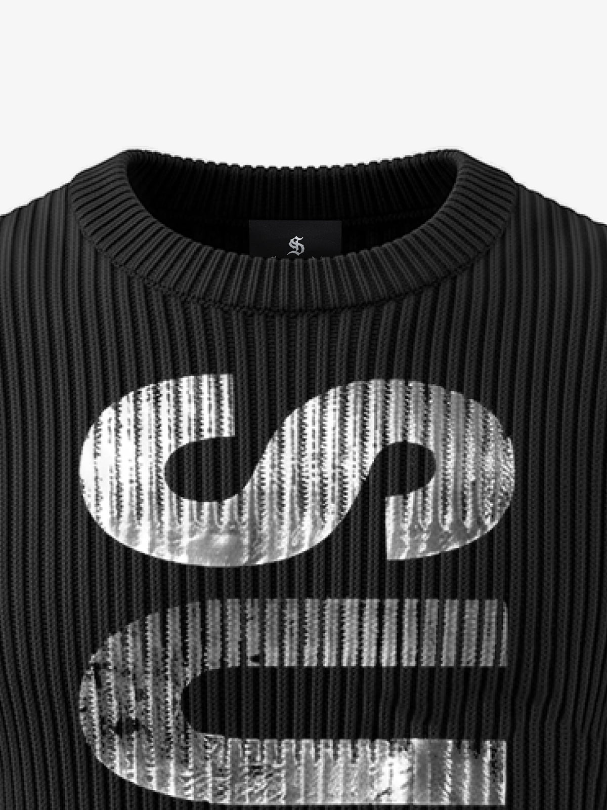 Silver Foil Letter Graphic Distressed Knit Sweater