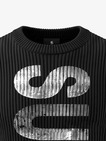 Silver Foil Letter Graphic Distressed Knit Sweater