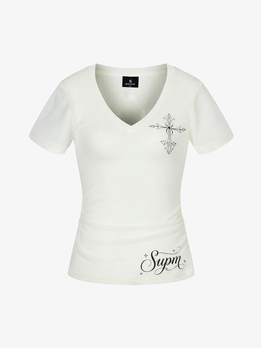 V Neck Cross Graphic Slim Fit T-Shirt 