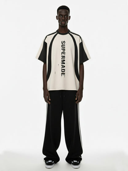 Thesupermade Vertical Glitch Art Deconstruction Contrast Color Stitching Print T-shirt 