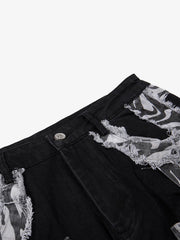 Zebra Patchwork Distressed Flared Jeans