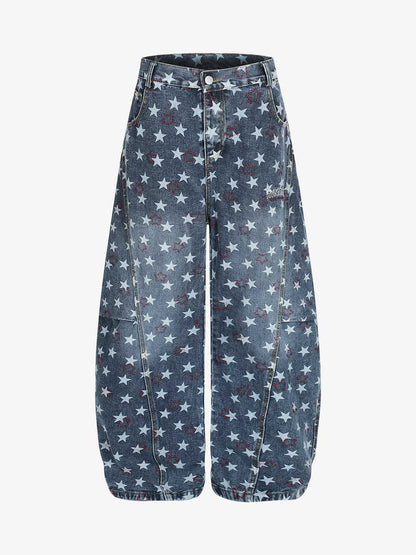 Star-Printed Wide-Leg Denim Culottes for Women - Stylish and Comfortable Everyday Wear 