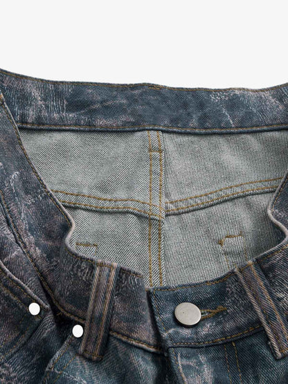 Washed Ripple 3D Print Loose Wide-Leg Jeans 