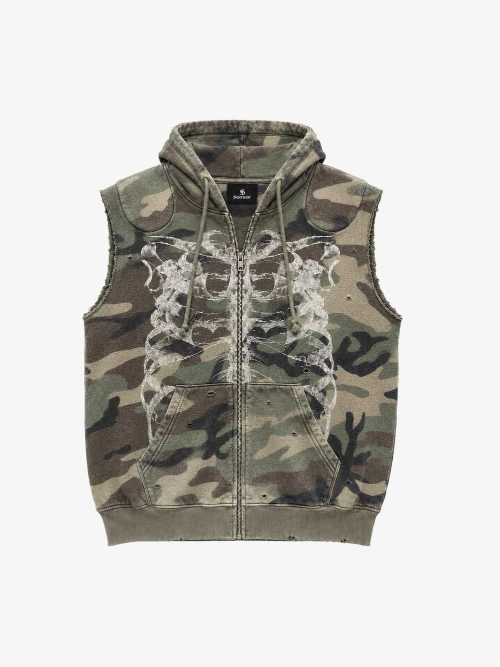 Skull Graphic Padded Distressed Hoodie