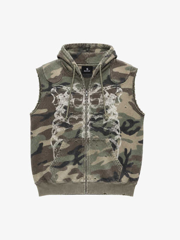 Skull Graphic Padded Distressed Hoodie