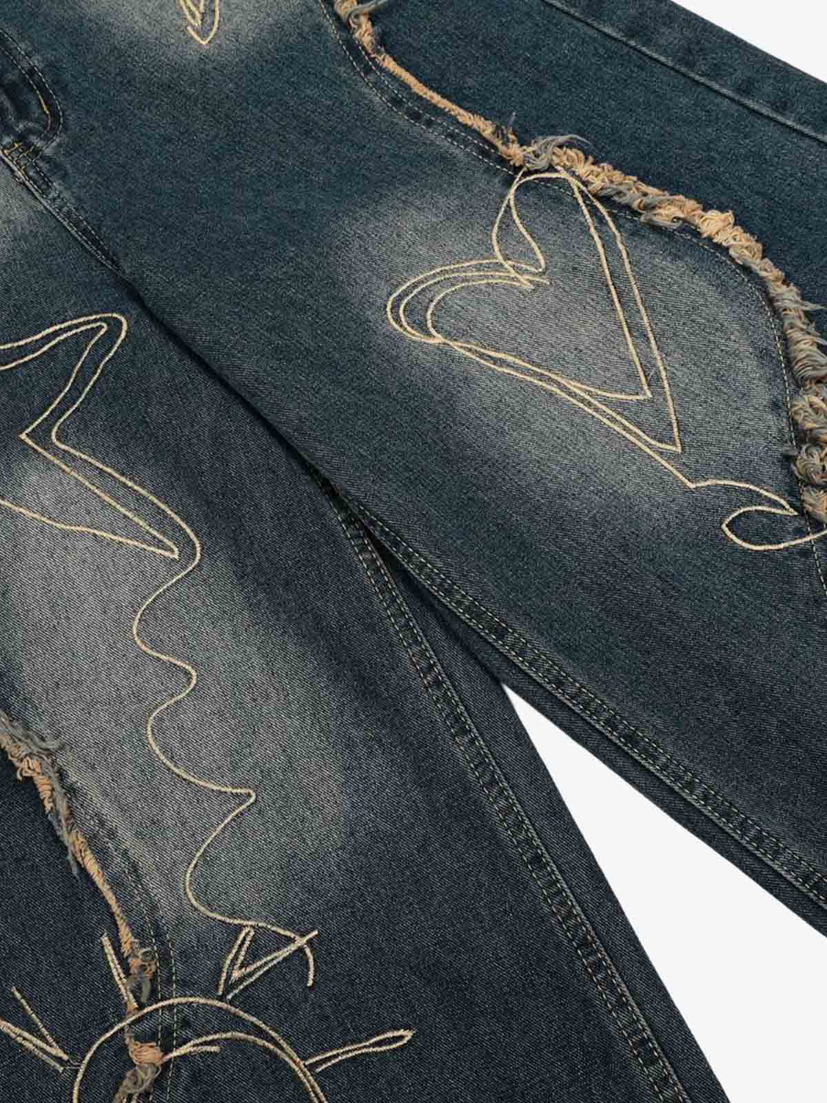 Distressed Denim Jeans with Embroidered Celestial Motifs for Women 