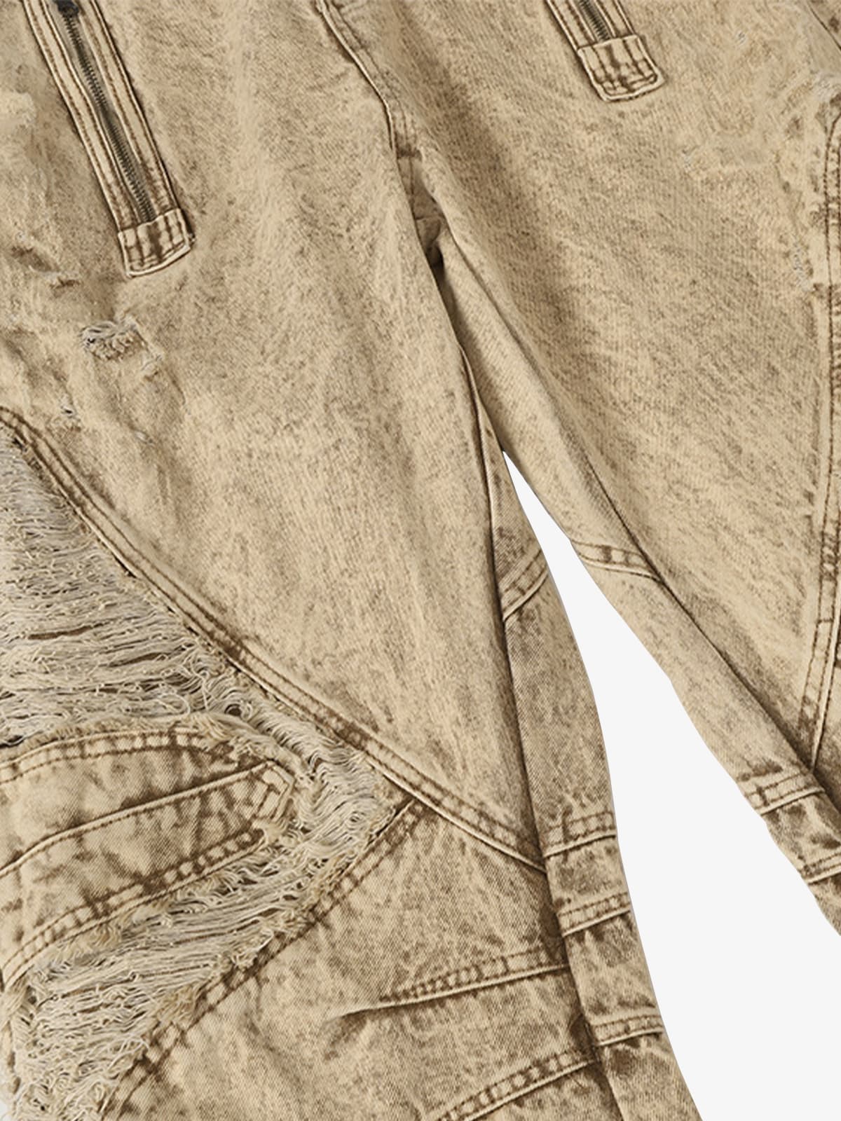 Distressed Denim Cargo Pants with Ripped Details and Patchwork Design for Men Women Fashion Streetwear 