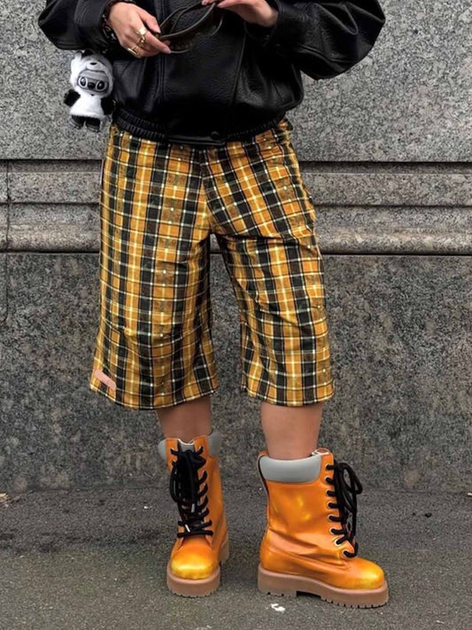 Plaid Relaxed Fit Jeans – Vintage Washed Tartan Denim Trousers