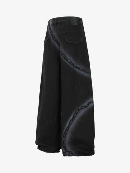 Chain Print Raw Edge Washed Wide-Leg Jeans 