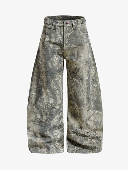 Abstract Camouflage Washed Barrel Jeans